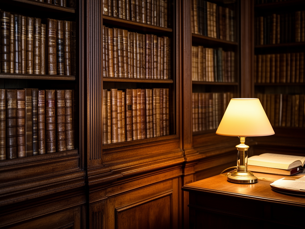 Interior de biblioteca antigua con estanterías de madera oscura llenas de libros encuadernados en cuero, luz cálida de lámpara de escritorio y atmósfera de estudio académico tranquilo